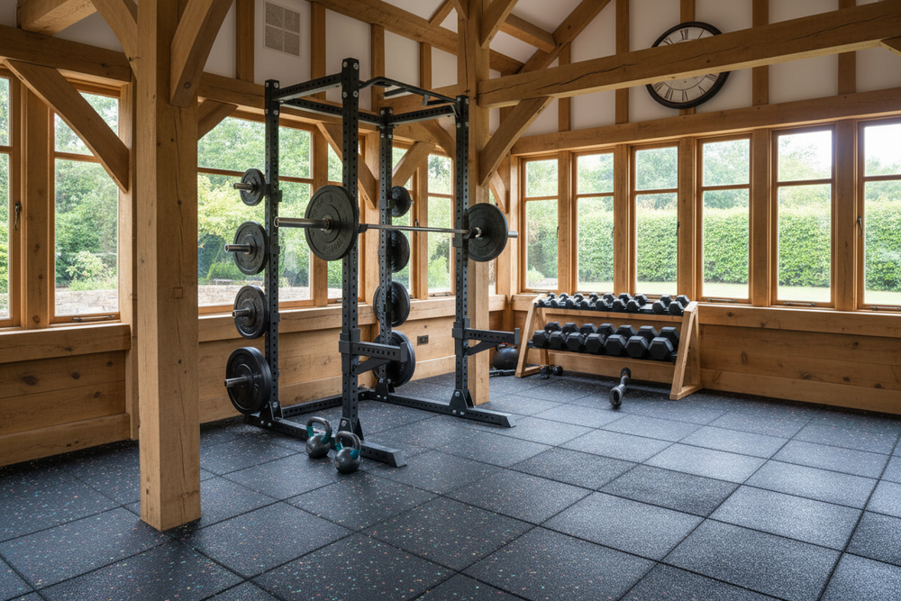 a more traditional style garden gym timber frame please, with proper gym flooring, epdm fleck